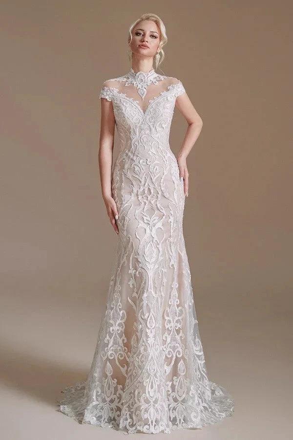 Vintage Long Mermaid High-neck Lace Wedding Dress with sleeves (ZD14345)