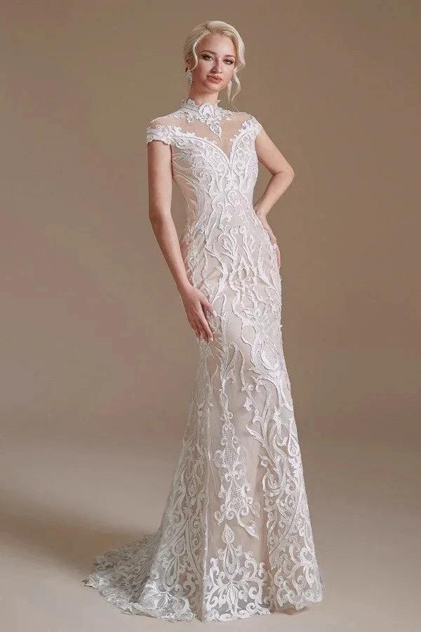 Vintage Long Mermaid High-neck Lace Wedding Dress with sleeves (ZD14345)