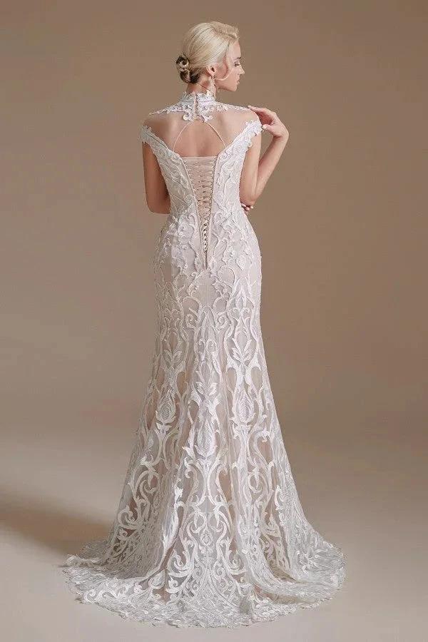 Vintage Long Mermaid High-neck Lace Wedding Dress with sleeves (ZD14345) - View 5 | VelvetHem