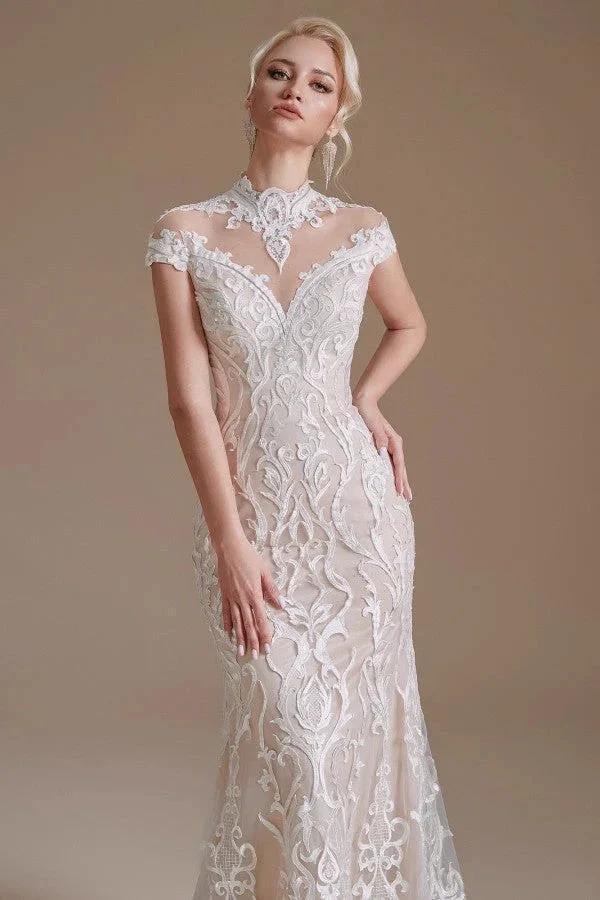 Vintage Long Mermaid High-neck Lace Wedding Dress with sleeves (ZD14345)