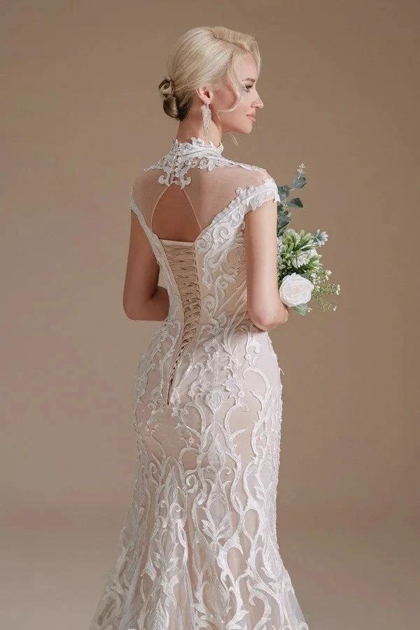 Vintage Long Mermaid High-neck Lace Wedding Dress with sleeves (ZD14345)