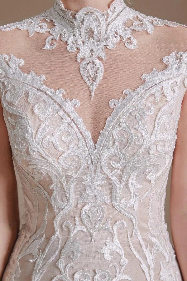 Vintage Long Mermaid High-neck Lace Wedding Dress with sleeves (ZD14345)