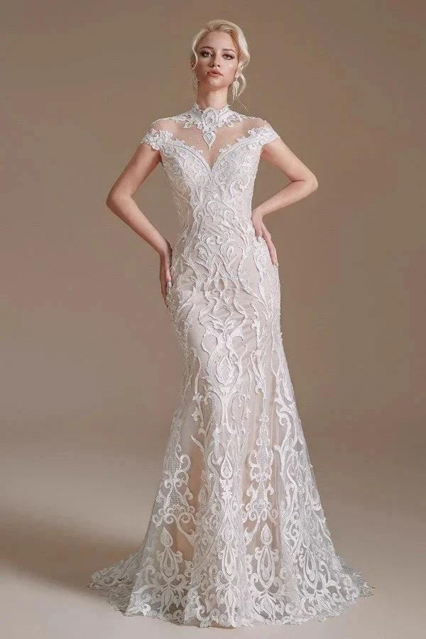 Vintage Long Mermaid High-neck Lace Wedding Dress with sleeves (ZD14345)