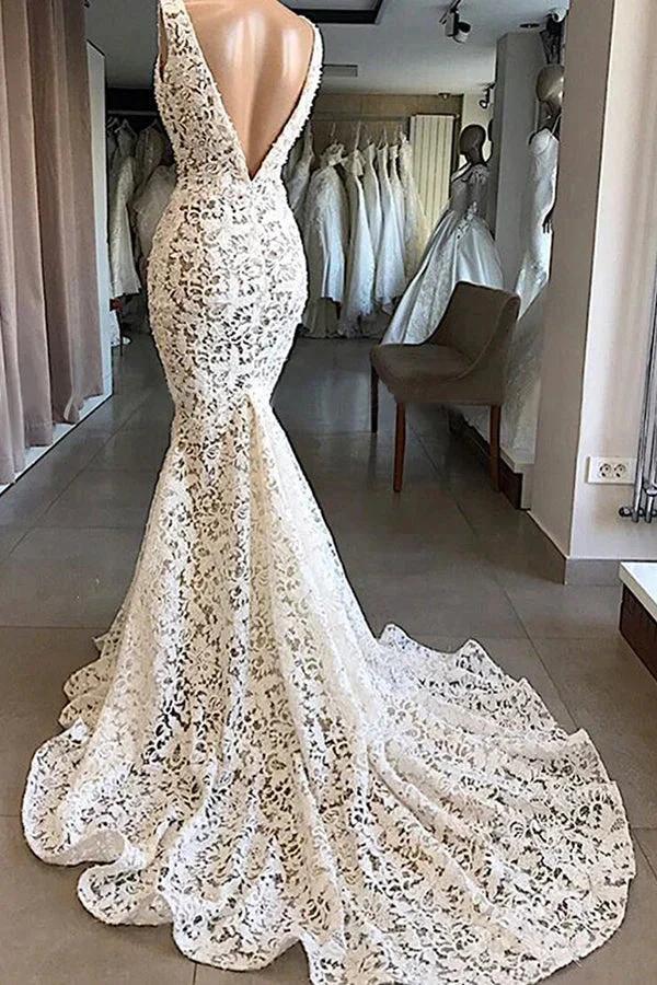 Vintage Long Mermaid V-neck Lace Backless Wedding Dresses (ZD15795)