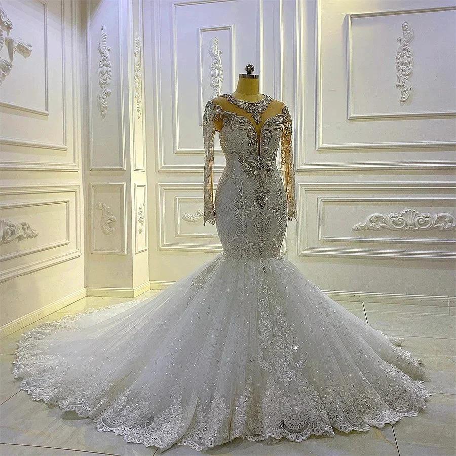 Vintage Long Sleeve Appliques Lace Beading Sequins Mermaid Wedding Dress (ZD15163)