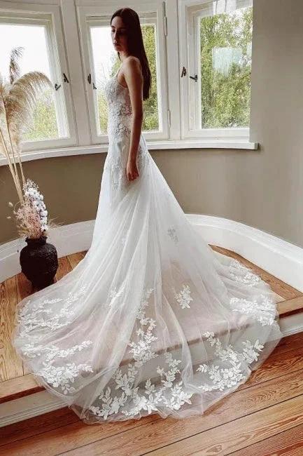 Vintage Mermaid V-neck Spaghetti Straps Lace Wedding Dresses With Train (ZD14529) - View 2 | VelvetHem