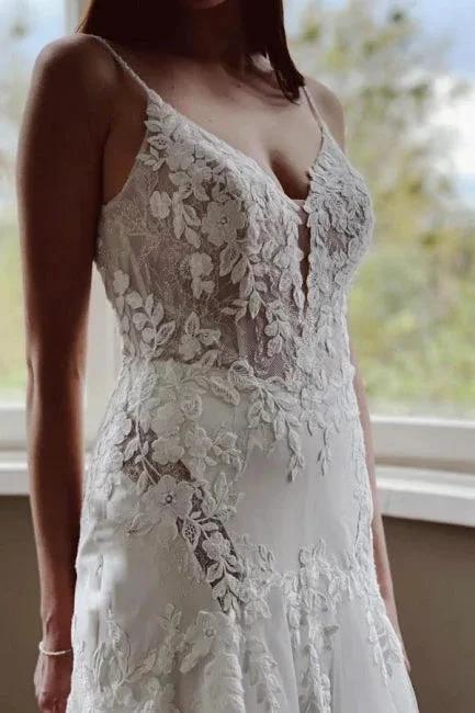 Vintage Mermaid V-neck Spaghetti Straps Lace Wedding Dresses With Train (ZD14529)