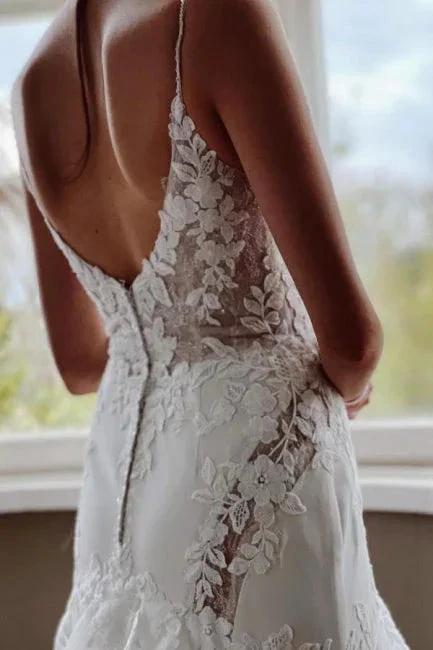 Vintage Mermaid V-neck Spaghetti Straps Lace Wedding Dresses With Train (ZD14529)
