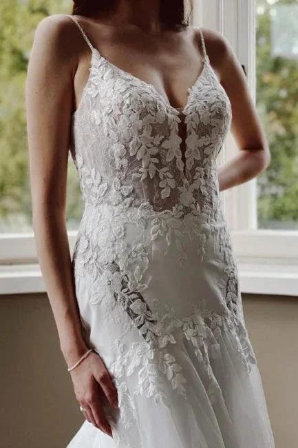 Vintage Mermaid V-neck Spaghetti Straps Lace Wedding Dresses With Train (ZD14529)