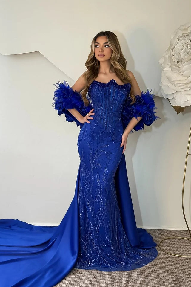 Vintage Royal Blue Strapless Sleeveless Mermaid Prom Dresses Beads With Detachable Train