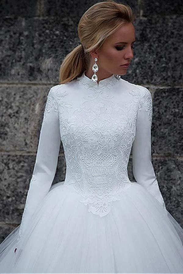 Vintage Satin High Collar Natural Waistline Ball Gown Wedding Dress (ZD16344) - View 2 | VelvetHem
