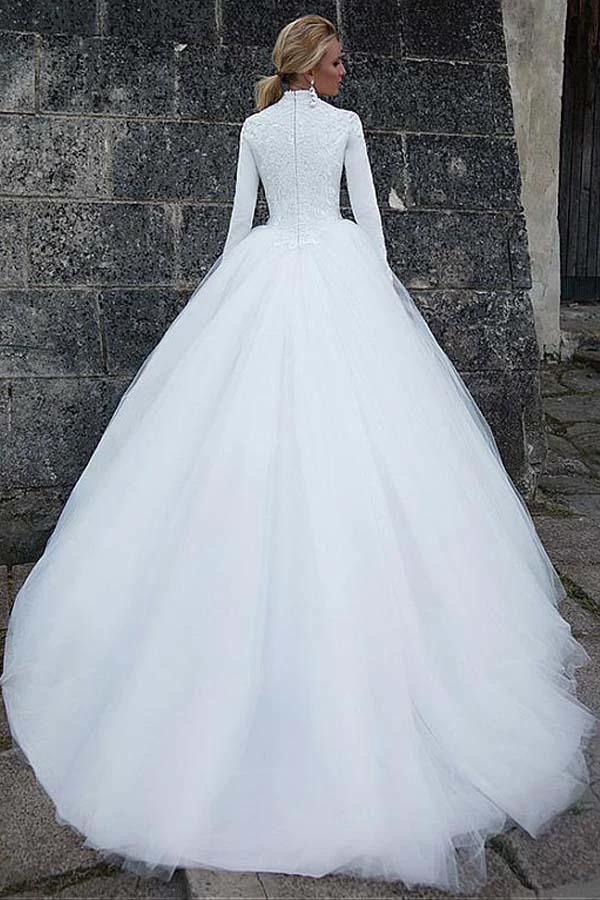 Vintage Satin High Collar Natural Waistline Ball Gown Wedding Dress (ZD16344)