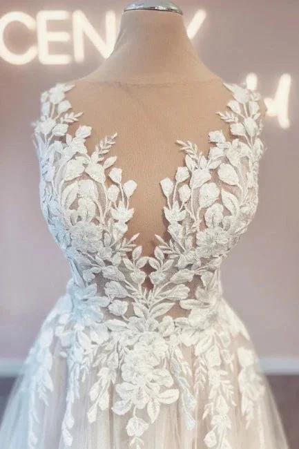 Vintage v-neck sleeveless a-line backless lace Wedding dresses (ZD14855)