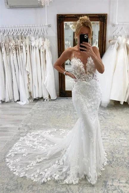 Vintage White Long Mermaid V-neck Lace Wedding Dresses (ZD14961)