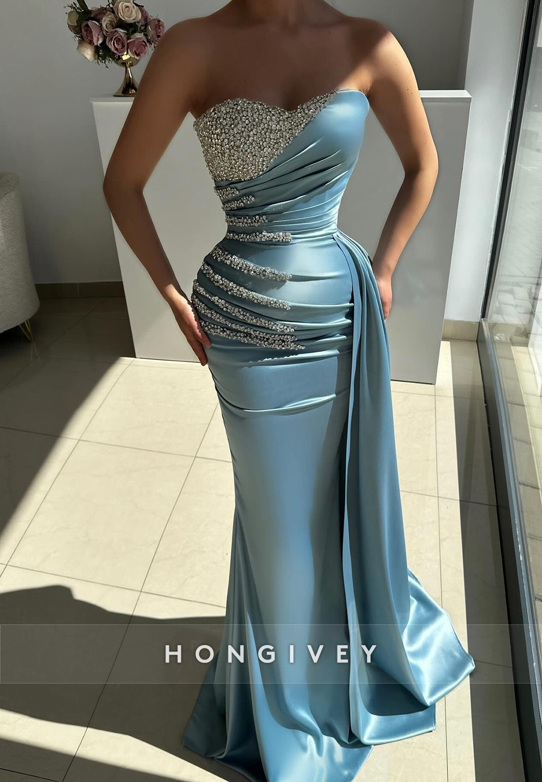 Appliqued Column Court Train Satin Sweetheart Pleated Evening Gown