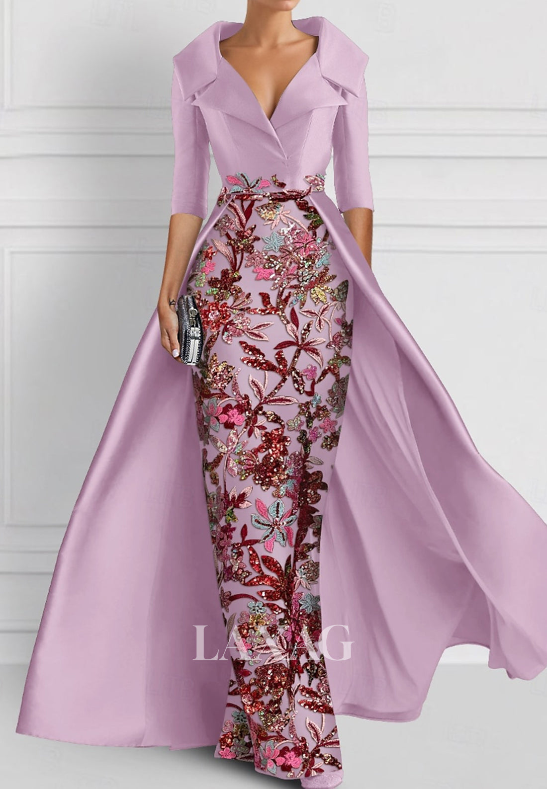 V-Neck Half-Sleeves Pleated Party Gowns Applique Embroidered Mermaid Wedding Guest Dress with Overskirt