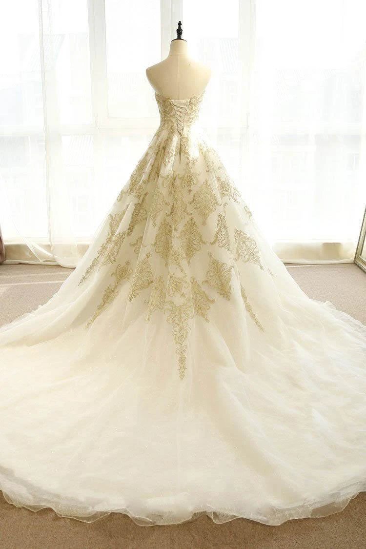 Wedding Dresses Ivory Gold Appliques Sweep/Brush Train Bridal Gown (ZD15326)