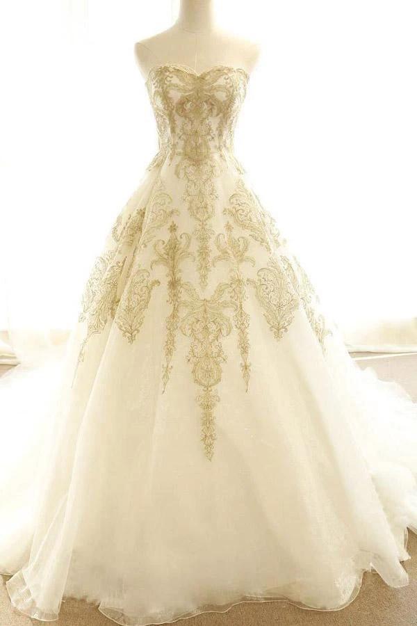 Wedding Dresses Ivory Gold Appliques Sweep/Brush Train Bridal Gown (ZD15326)