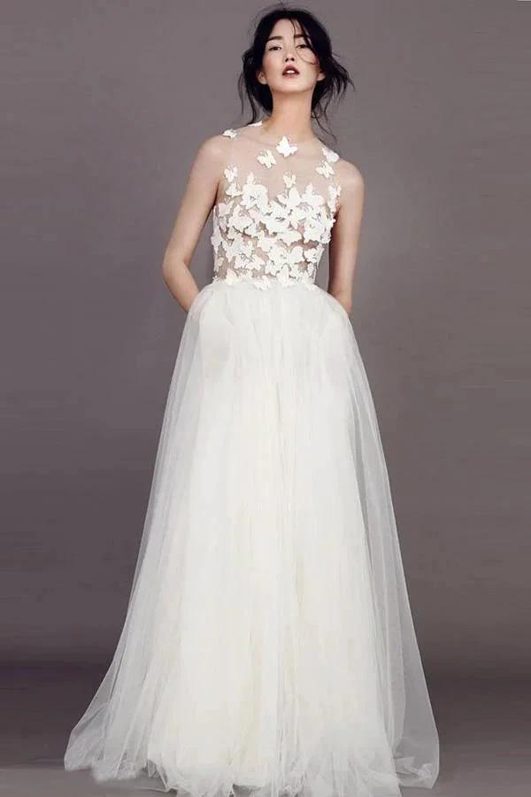 Wedding Dresses Scoop A-line Butterfly Appliques Tulle Ivory Bridal Gown (ZD15331)
