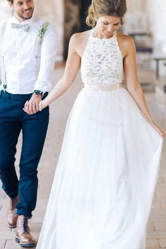 Simple White Halter Lace Long Sheath Beach Wedding Dresses Bridal Dresses (ZD14006)
