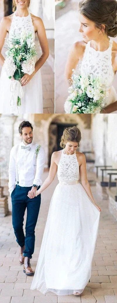 Simple White Halter Lace Long Sheath Beach Wedding Dresses Bridal Dresses (ZD14006)
