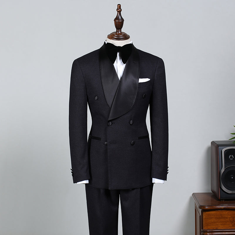 Well-cut All Black Double Breasted Bespoke Wedding Suit For Grooms