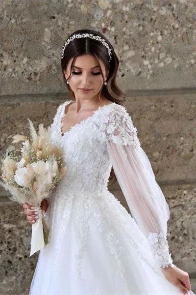 White A-line Long Sleeves Tulle Wedding Dress With Lace (ZD14651) - View 2 | VelvetHem