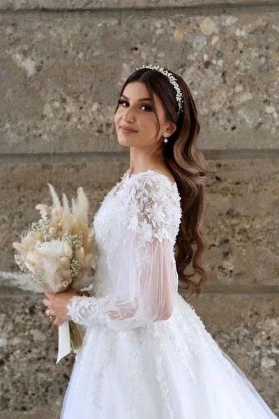 White A-line Long Sleeves Tulle Wedding Dress With Lace (ZD14651) - View 3 | VelvetHem