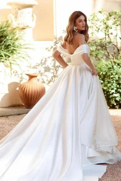 White A-line Sequined Off-the-shoulder Wedding Dress With Ruffles (ZD14647)