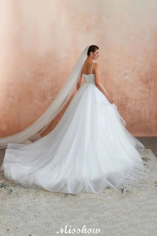 White Ball Gown Wedding Dress with Chapel Train, Spaghetti Strap See-through Lace up Bridal Gowns for Sale (ZD13974) - View 10 | VelvetHem
