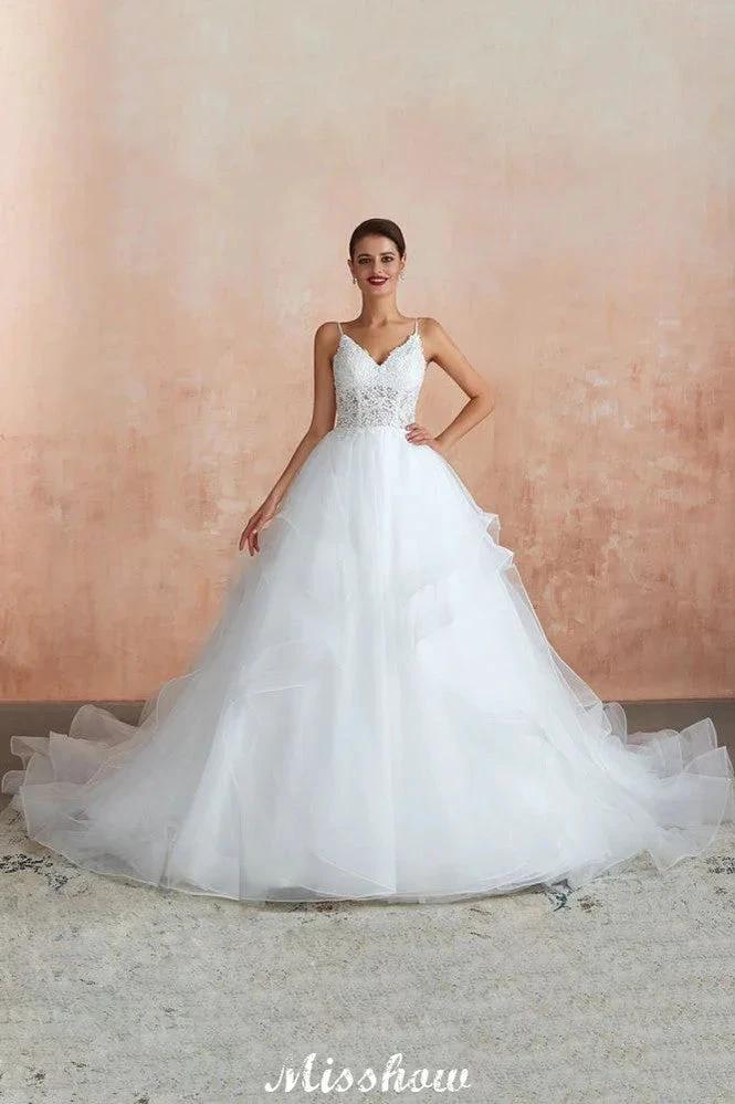 White Ball Gown Wedding Dress with Chapel Train, Spaghetti Strap See-through Lace up Bridal Gowns for Sale (ZD13974)
