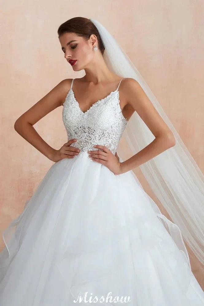 White Ball Gown Wedding Dress with Chapel Train, Spaghetti Strap See-through Lace up Bridal Gowns for Sale (ZD13974) - View 5 | VelvetHem