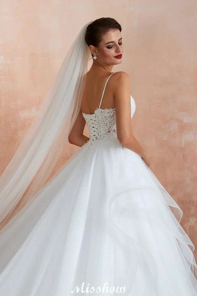 White Ball Gown Wedding Dress with Chapel Train, Spaghetti Strap See-through Lace up Bridal Gowns for Sale (ZD13974)