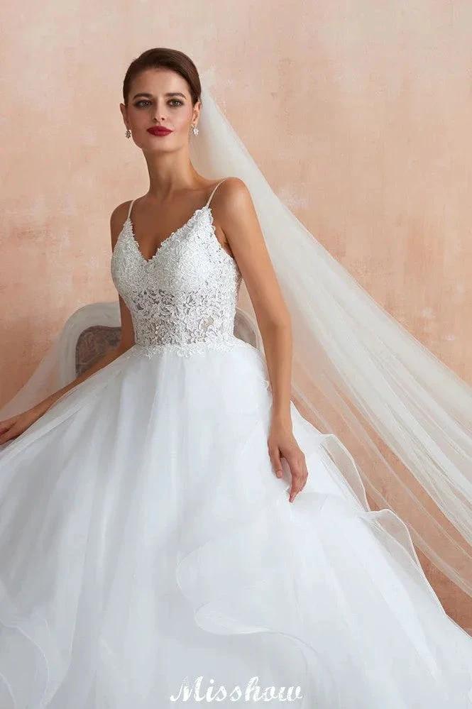 White Ball Gown Wedding Dress with Chapel Train, Spaghetti Strap See-through Lace up Bridal Gowns for Sale (ZD13974)