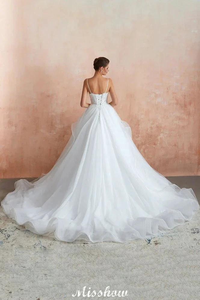 White Ball Gown Wedding Dress with Chapel Train, Spaghetti Strap See-through Lace up Bridal Gowns for Sale (ZD13974) - View 8 | VelvetHem