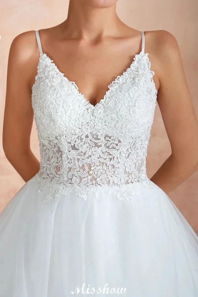 White Ball Gown Wedding Dress with Chapel Train, Spaghetti Strap See-through Lace up Bridal Gowns for Sale (ZD13974) - View 9 | VelvetHem
