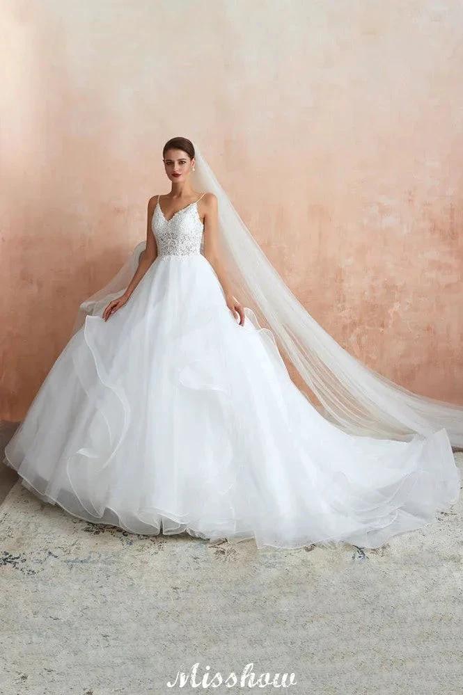 White Ball Gown Wedding Dress with Chapel Train, Spaghetti Strap See-through Lace up Bridal Gowns for Sale (ZD13974) - VelvetHem