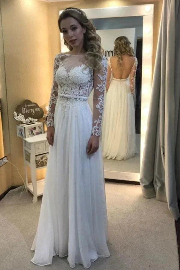 Ivory Chiffon Long Sleeve Backless Appliques Wedding Dress (ZD15368)