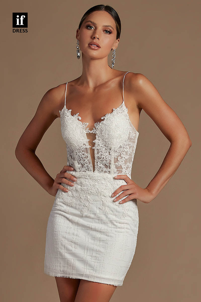 F1354 - Elegant Illusion V-Neck Appliques Tight Homecoming Graduation Dress