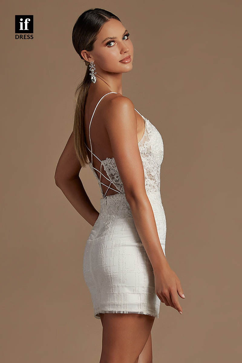 F1354 - Elegant Illusion V-Neck Appliques Tight Homecoming Graduation Dress