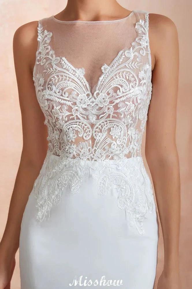 White Illusion Neck Column Wedding Dress Sleeveless Bridal Gowns (ZD13969)