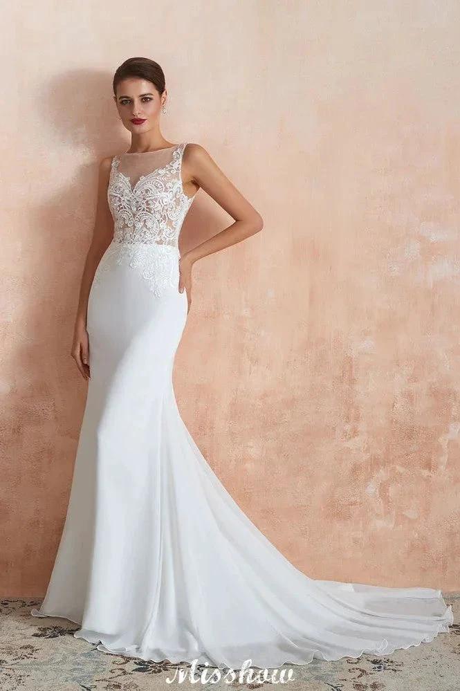 White Illusion Neck Column Wedding Dress Sleeveless Bridal Gowns (ZD13969)