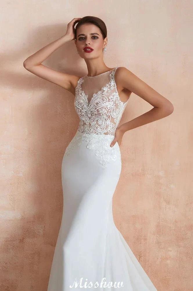 White Illusion Neck Column Wedding Dress Sleeveless Bridal Gowns (ZD13969)