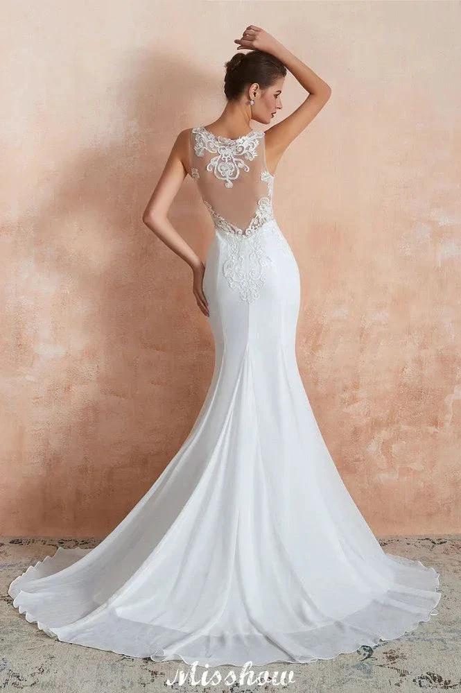 White Illusion Neck Column Wedding Dress Sleeveless Bridal Gowns (ZD13969)