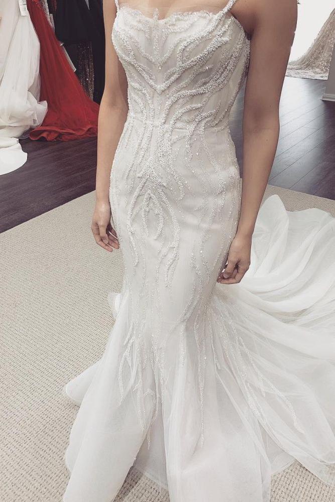 White Illusion neck White Sleeveless Mermaid Wedding Dress with Overskirt