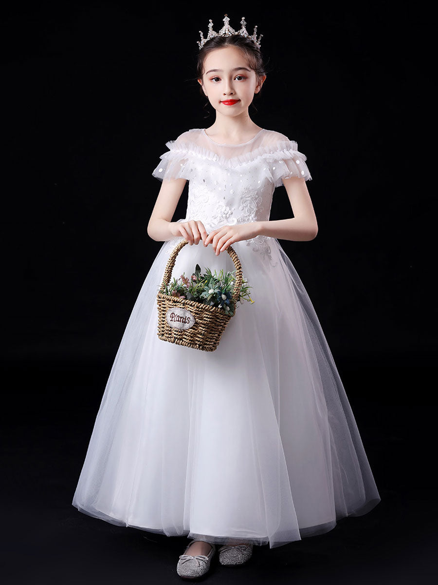 White Illusion Neckline Short Sleeves Ankle-Length Princess Dress Flowers Beaded Embellishment Tulle Kids Party Dresses