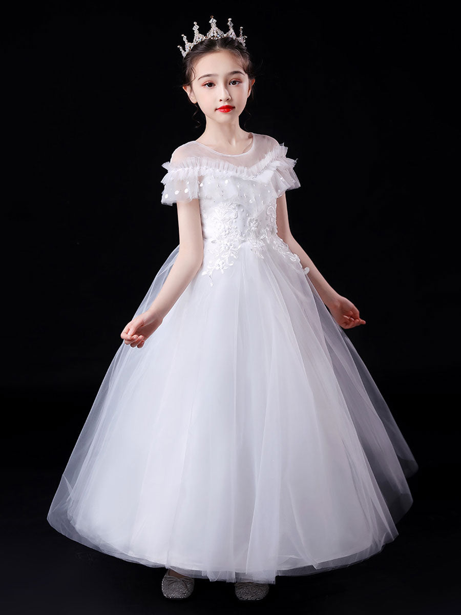 White Illusion Neckline Short Sleeves Ankle-Length Princess Dress Flowers Beaded Embellishment Tulle Kids Party Dresses
