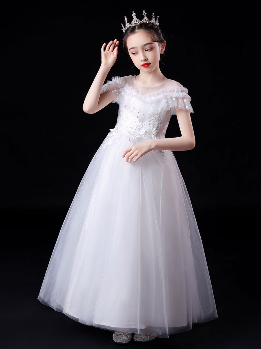 White Illusion Neckline Short Sleeves Ankle-Length Princess Dress Flowers Beaded Embellishment Tulle Kids Party Dresses-Ballbella