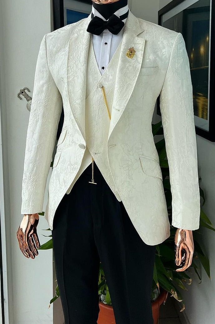 White Jacquard Wedding Suit for Groom with Waistcoat