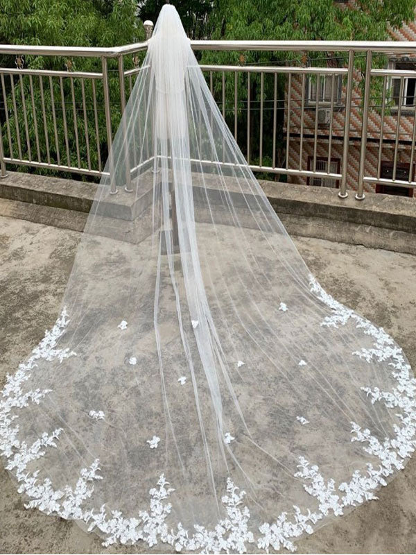White Lace Appliques Wedding Veils One-Tier Tulle Waterfall Bridal Veils
